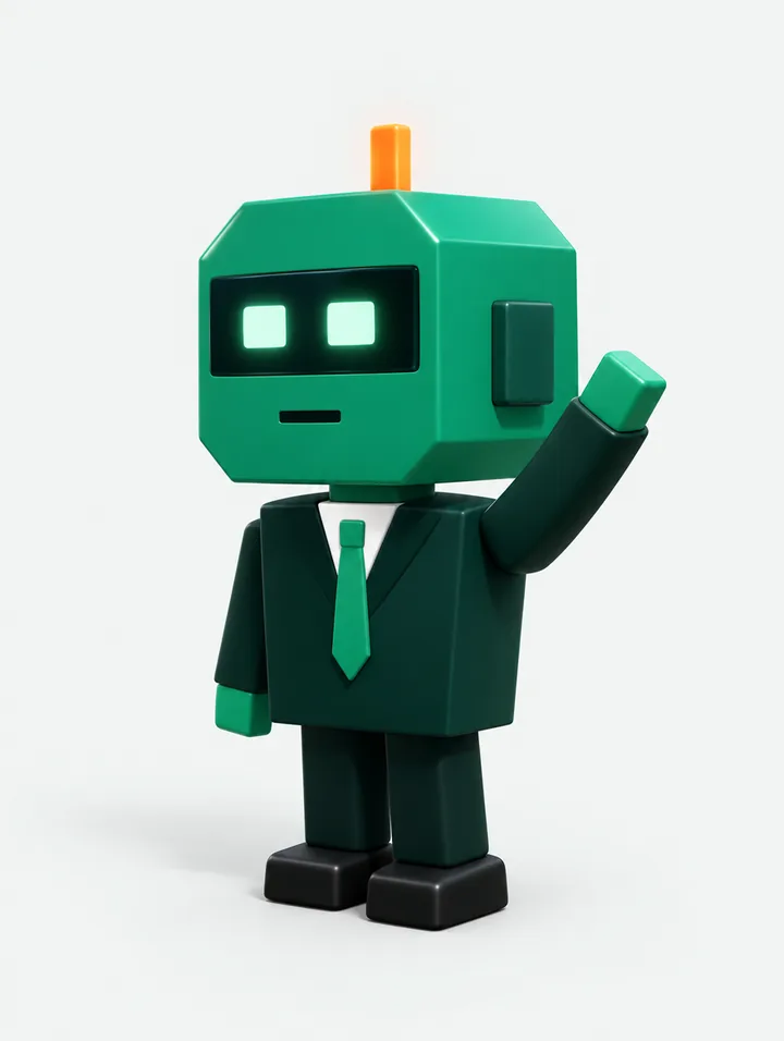 Nexo, o mascote da Nexora: um robô verde de terno