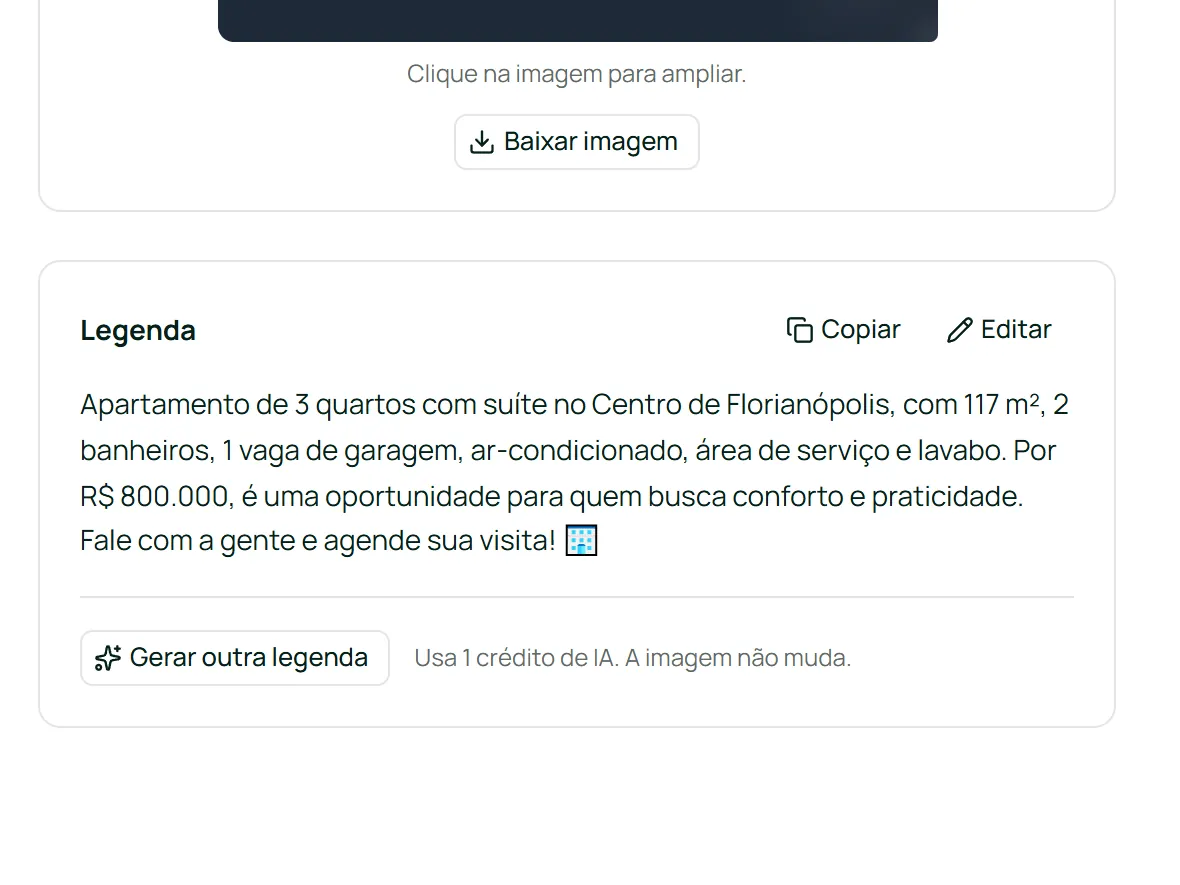 Legenda de um apartamento de 3 quartos no Centro de Florianópolis escrita pelo XPost, com os botões Copiar e Editar